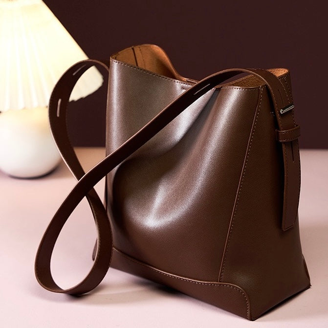 Oversized Genuine Leather Bucket Bag for Women