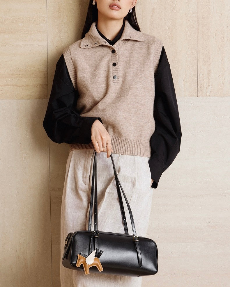 Genuine Leather Retro Bowling Bag with Horse Charm