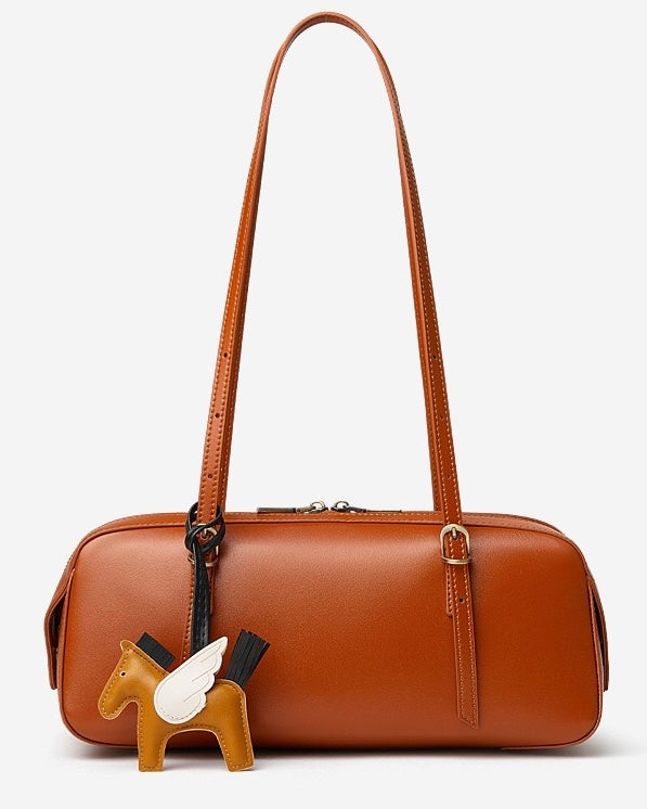 Genuine Leather Retro Bowling Bag with Horse Charm
