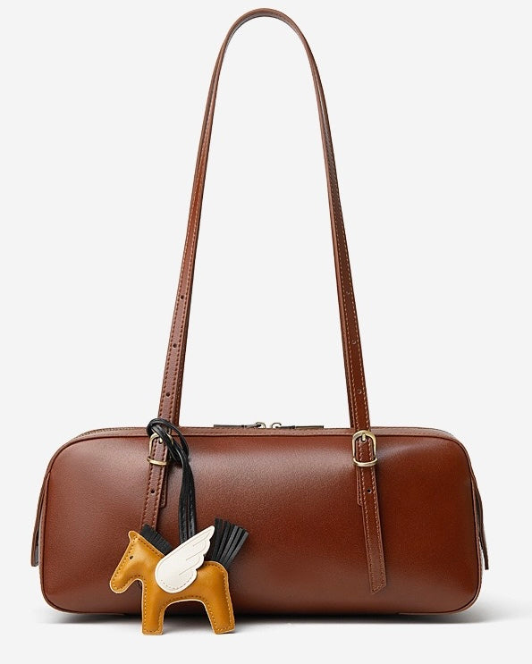 Genuine Leather Retro Bowling Bag with Horse Charm