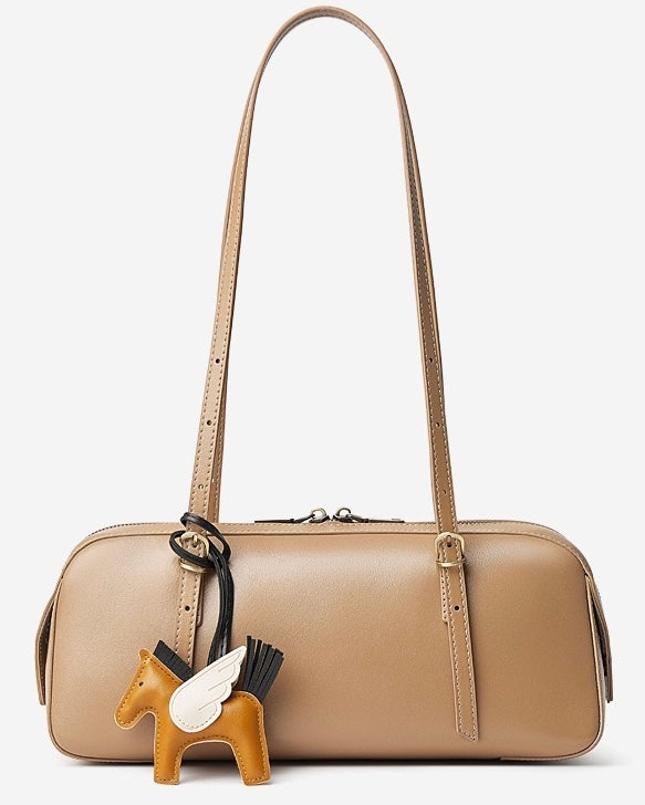 Genuine Leather Retro Bowling Bag with Horse Charm