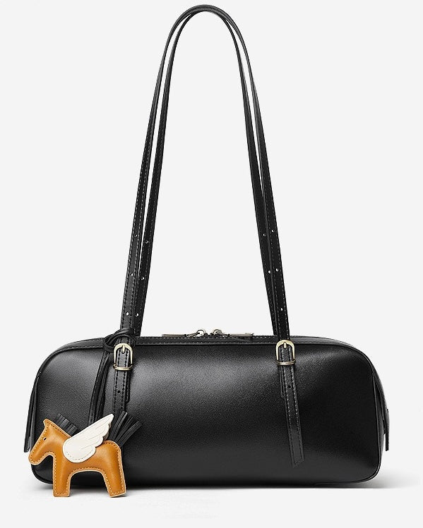 Genuine Leather Retro Bowling Bag with Horse Charm