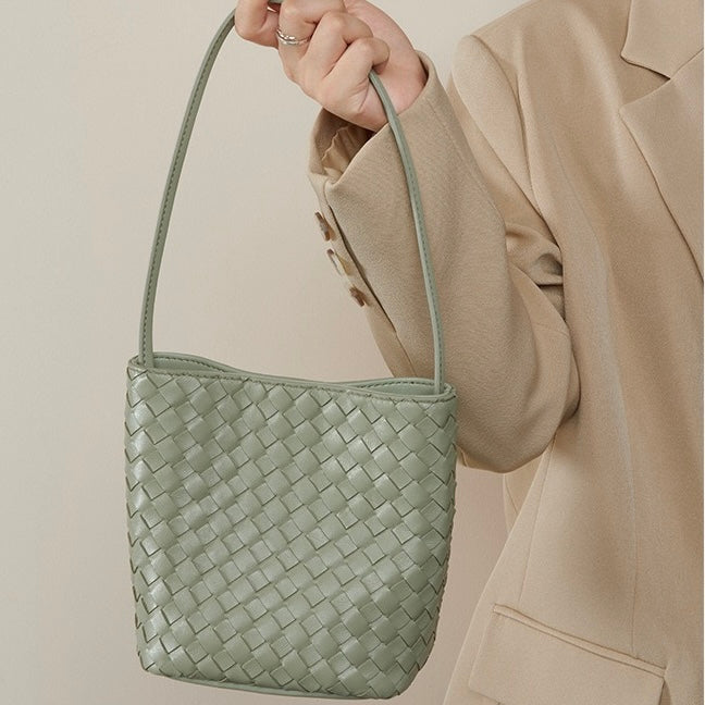 Genuine Sheepskin Retro Woven Bucket Bag for Women