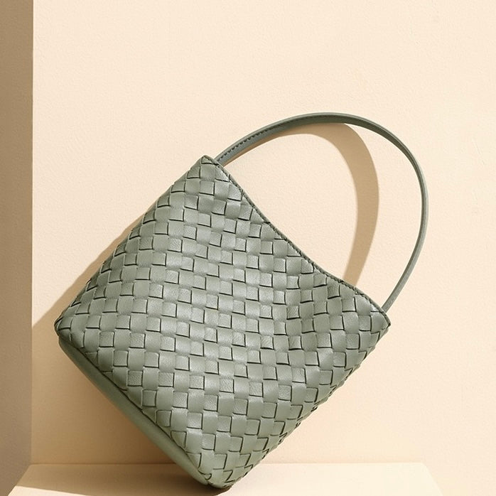 Genuine Sheepskin Retro Woven Bucket Bag for Women