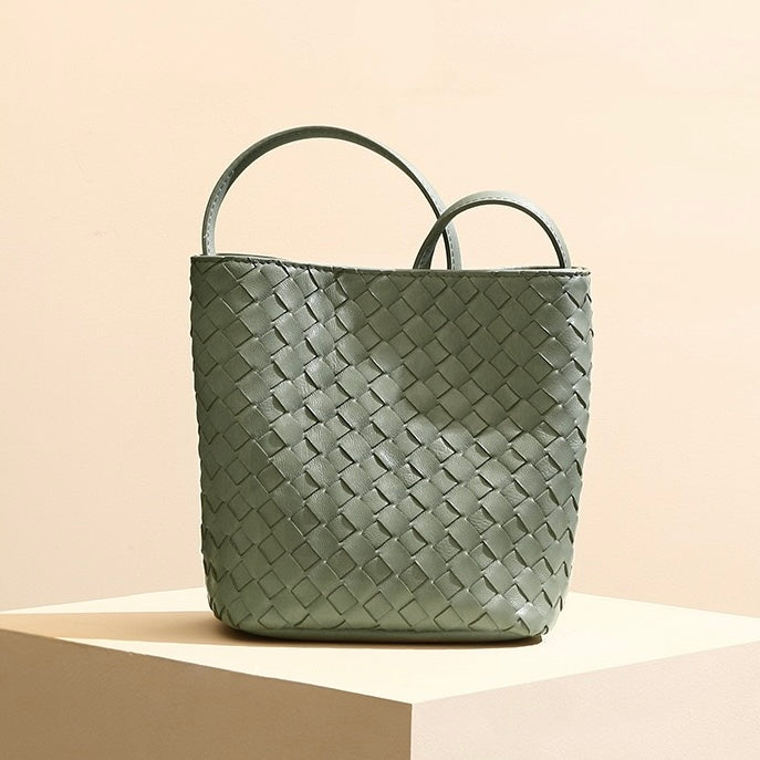 Genuine Sheepskin Retro Woven Bucket Bag for Women