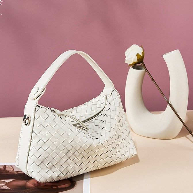 Genuine Sheepskin Leather Woven Dumpling Clutch Bag with Chain Strap