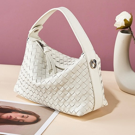 Genuine Sheepskin Leather Woven Dumpling Clutch Bag with Chain Strap