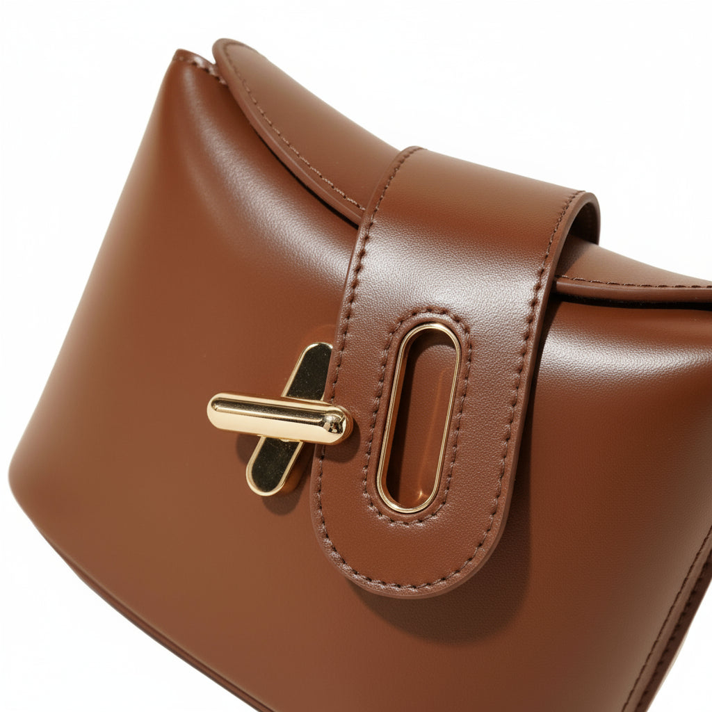 Brown leather handbag with a gold clasp on a beige background