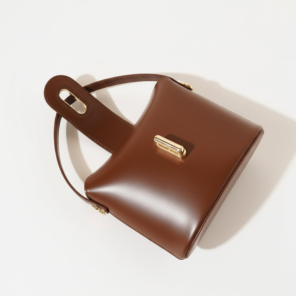Brown handbag with a gold clasp on a beige background