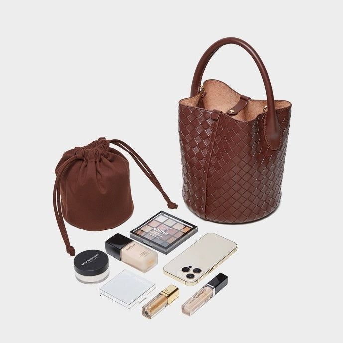 Luxury Genuine Leather Woven Bucket Crossbody Handbag