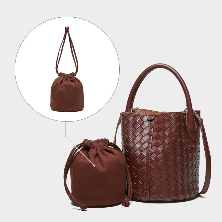 Luxury Genuine Leather Woven Bucket Crossbody Handbag
