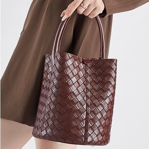 Luxury Genuine Leather Woven Bucket Crossbody Handbag