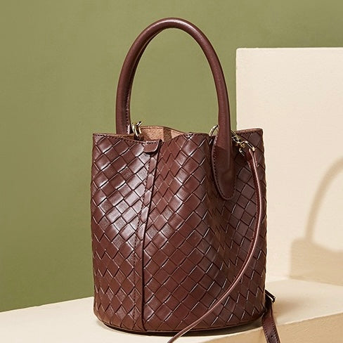 Luxury Genuine Leather Woven Bucket Crossbody Handbag