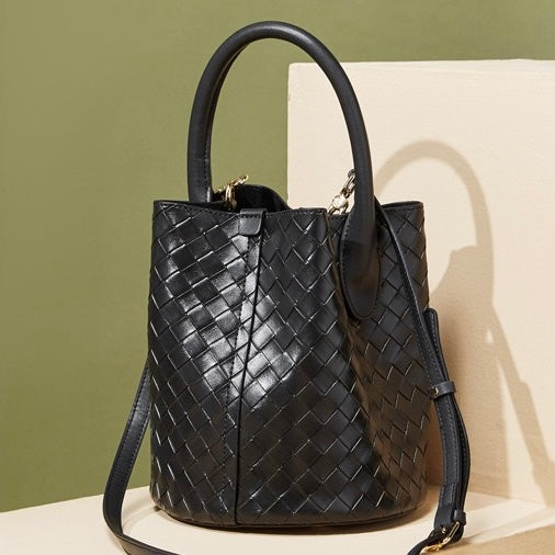 Luxury Genuine Leather Woven Bucket Crossbody Handbag