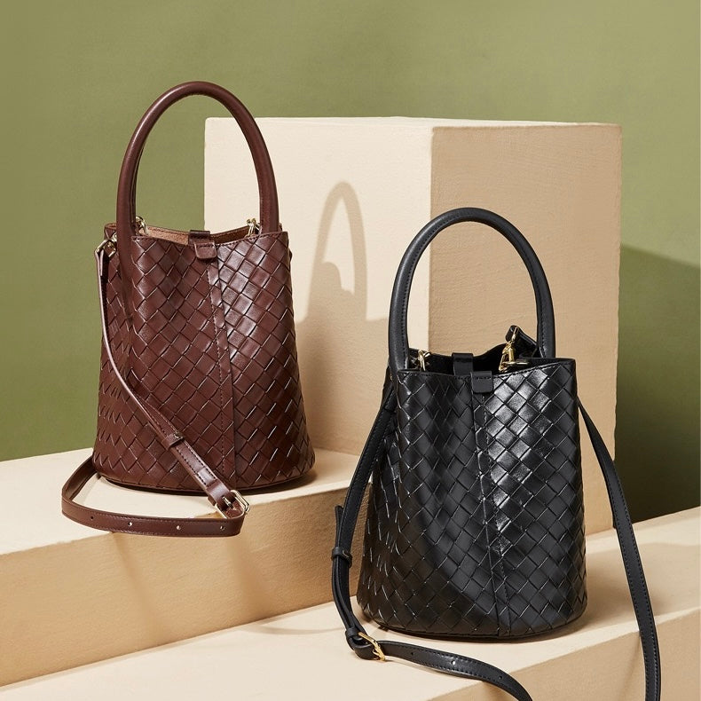 Luxury Genuine Leather Woven Bucket Crossbody Handbag