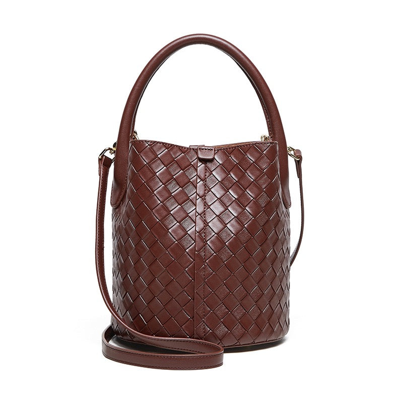 Luxury Genuine Leather Woven Bucket Crossbody Handbag