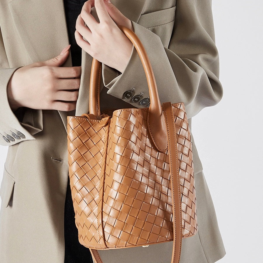 Luxury Genuine Leather Woven Bucket Crossbody Handbag