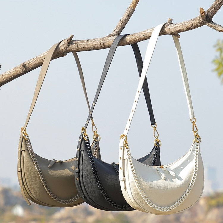 Genuine Leather Baguette Dumpling Bag with Luxe Chain