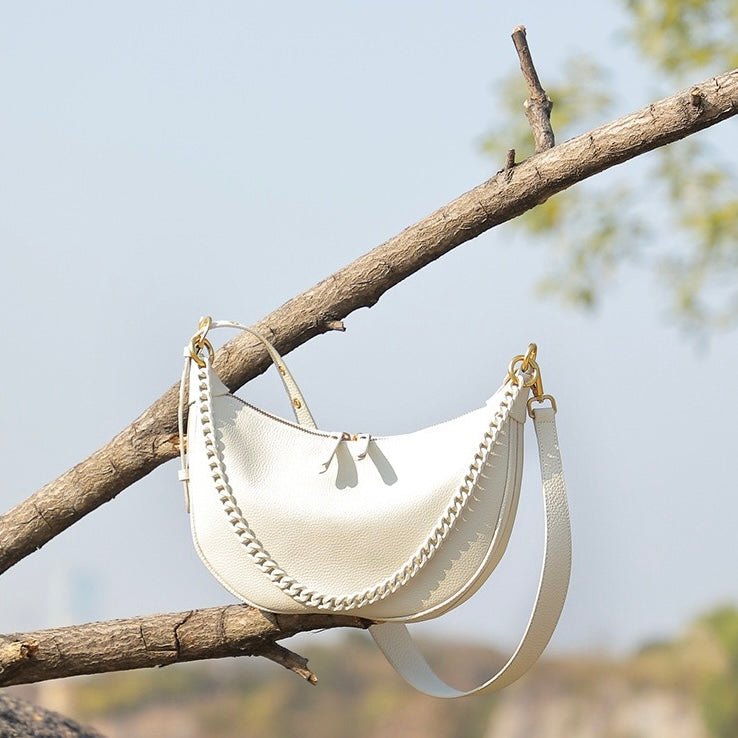 Genuine Leather Baguette Dumpling Bag with Luxe Chain