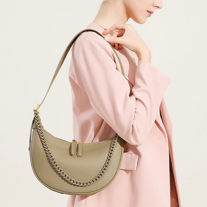 Genuine Leather Baguette Dumpling Bag with Luxe Chain