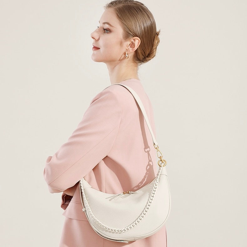 Genuine Leather Baguette Dumpling Bag with Luxe Chain