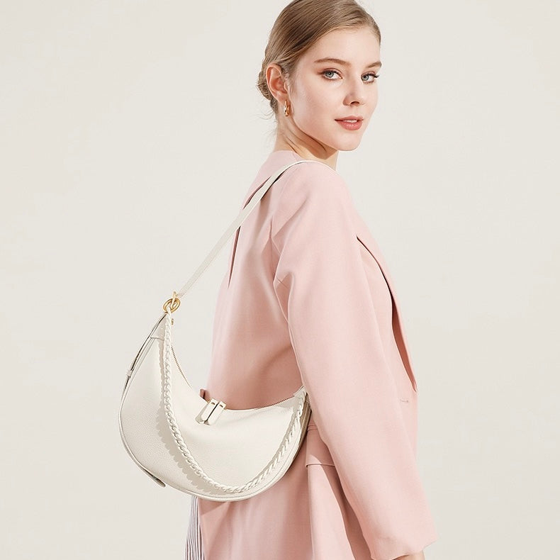 Genuine Leather Baguette Dumpling Bag with Luxe Chain