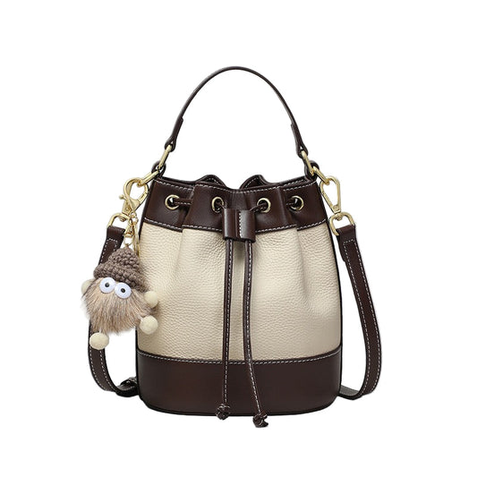 Genuine Leather Pendant Bucket Handbag – Creamy White Elegance