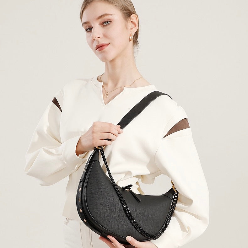 Genuine Leather Baguette Dumpling Bag with Luxe Chain