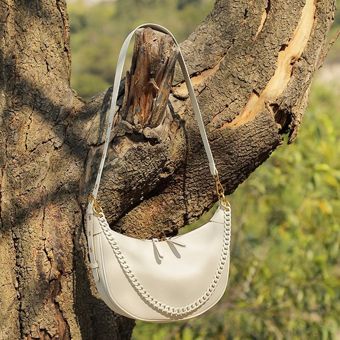 Genuine Leather Baguette Dumpling Bag with Luxe Chain