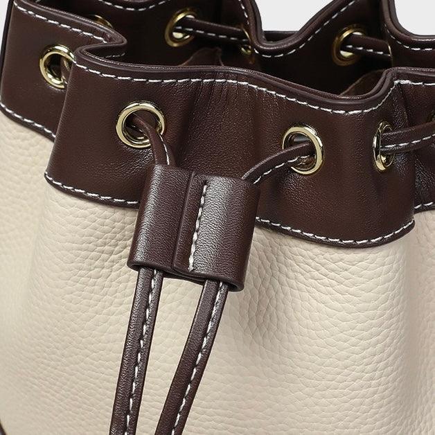 Genuine Leather Pendant Bucket Handbag – Creamy White Elegance