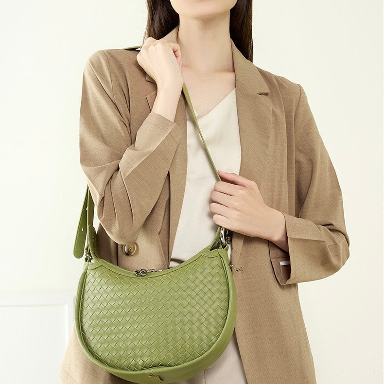 Luxury Handwoven Cowhide Crescent Moon Crossbody Bag