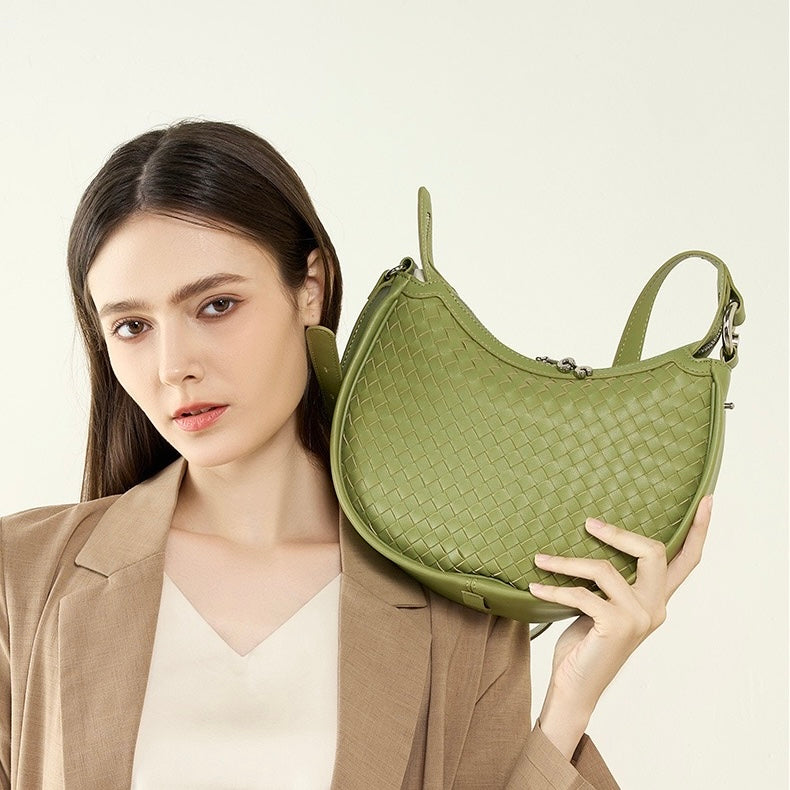 Luxury Handwoven Cowhide Crescent Moon Crossbody Bag