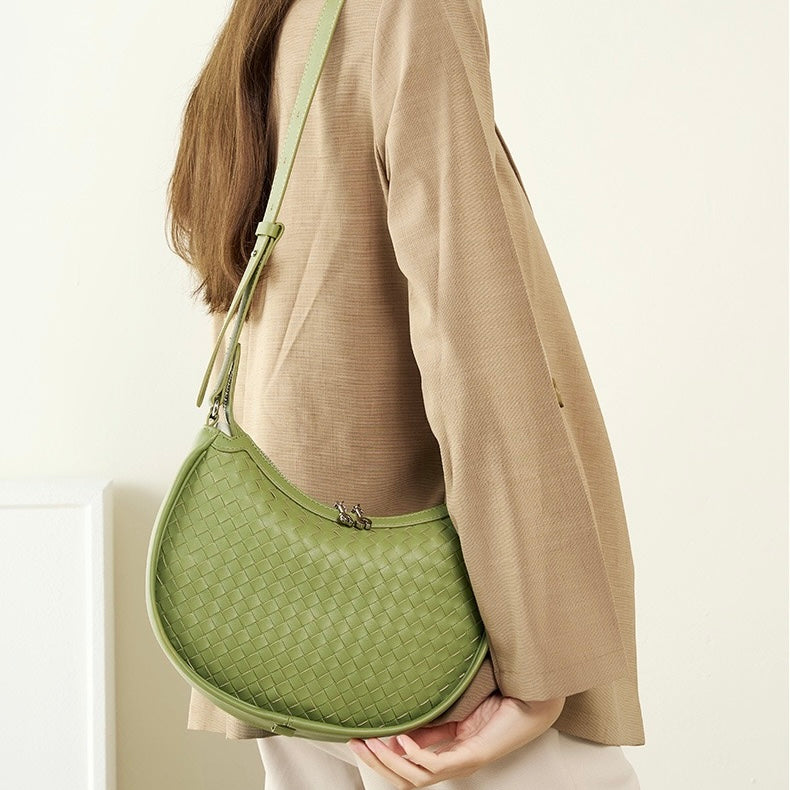 Luxury Handwoven Cowhide Crescent Moon Crossbody Bag