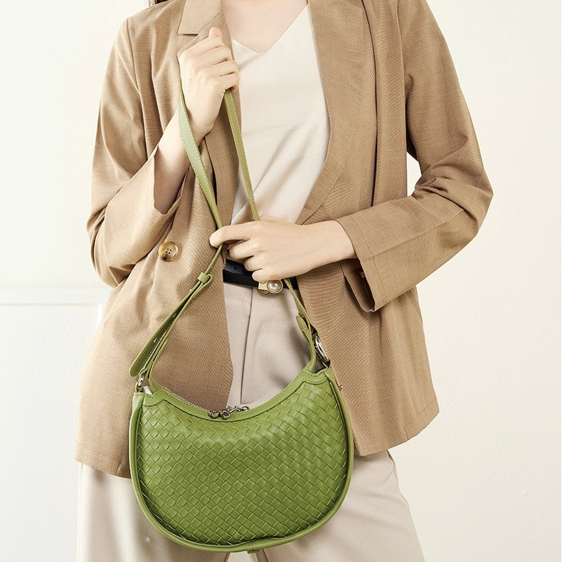 Luxury Handwoven Cowhide Crescent Moon Crossbody Bag