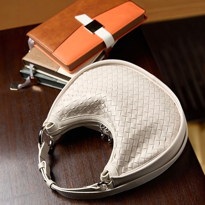 Luxury Handwoven Cowhide Crescent Moon Crossbody Bag