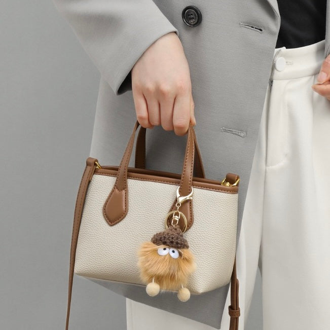 Chic Mini Leather Pom Pom Bucket Crossbody Handbag