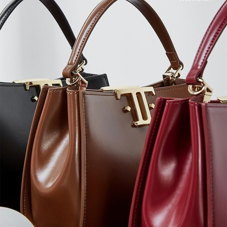 Elegant Leather Mini Commuter Tote with Dual Clasp Closure