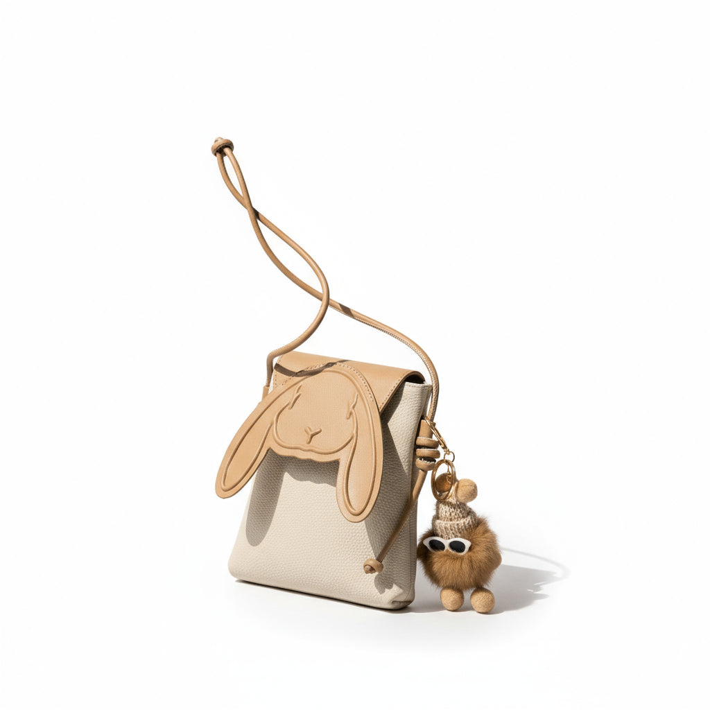 Handbag with bunny ears design and a plush toy keychain on a neutral background