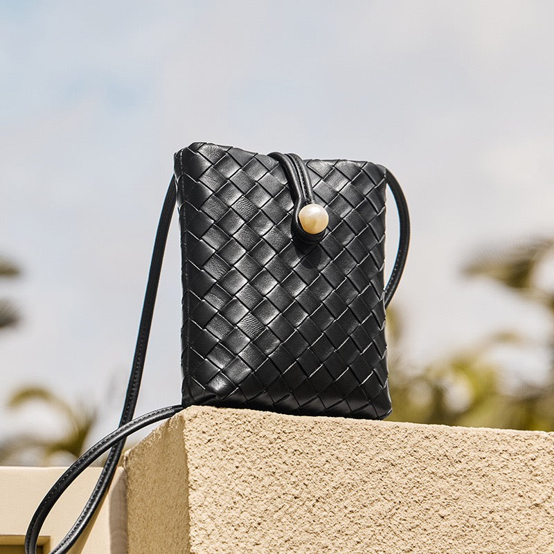 Pearl Button Genuine Leather Woven Crossbody Phone Bag