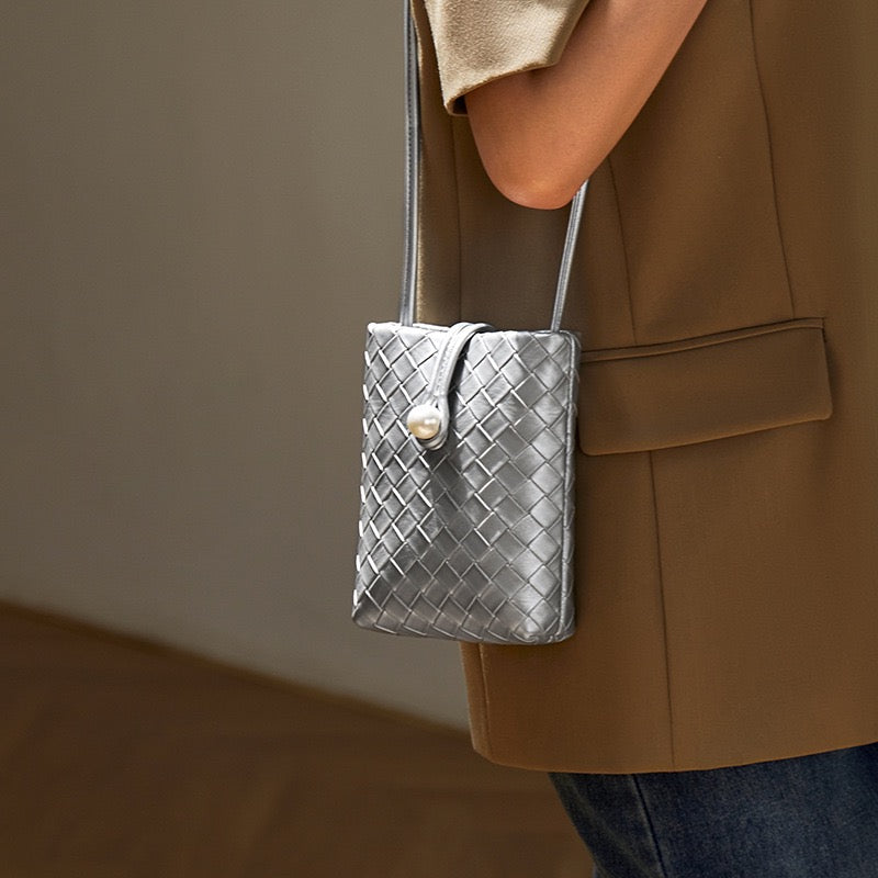 Pearl Button Genuine Leather Woven Crossbody Phone Bag