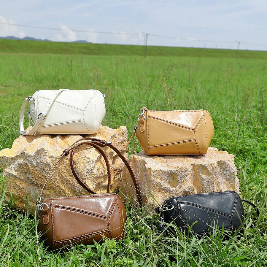 Vintage Genuine Leather Geometric Patchwork Crossbody Bag