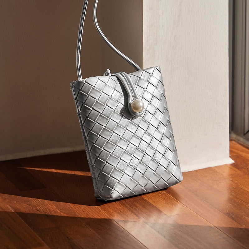 Pearl Button Genuine Leather Woven Crossbody Phone Bag