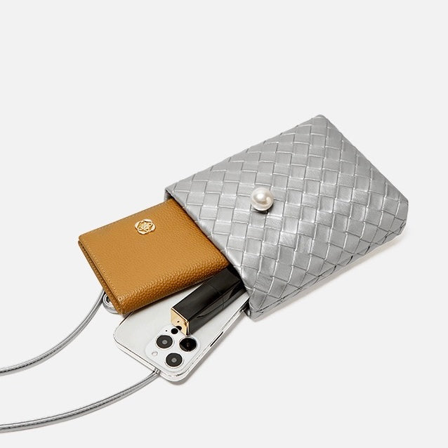 Pearl Button Genuine Leather Woven Crossbody Phone Bag