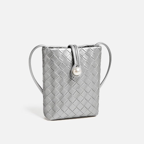 Pearl Button Genuine Leather Woven Crossbody Phone Bag