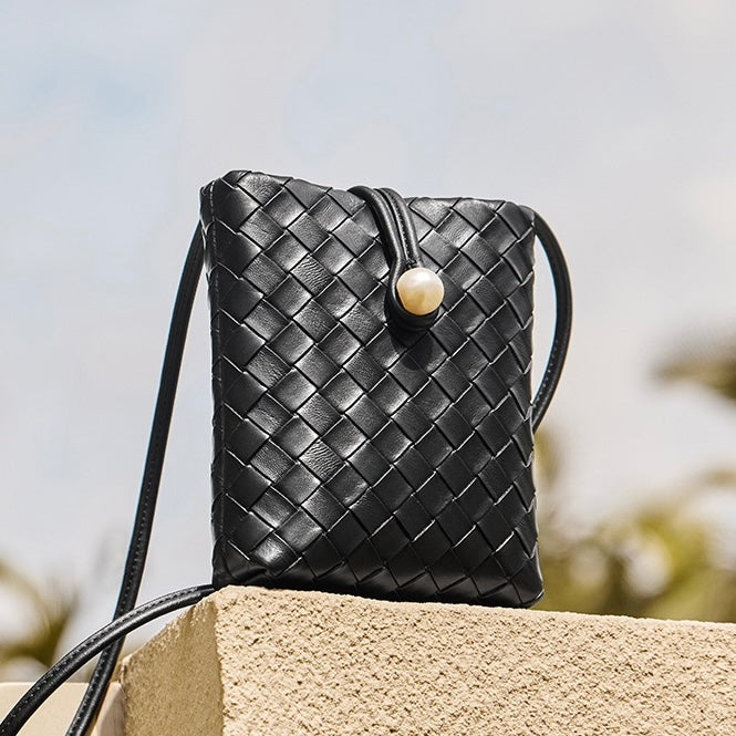 Pearl Button Genuine Leather Woven Crossbody Phone Bag
