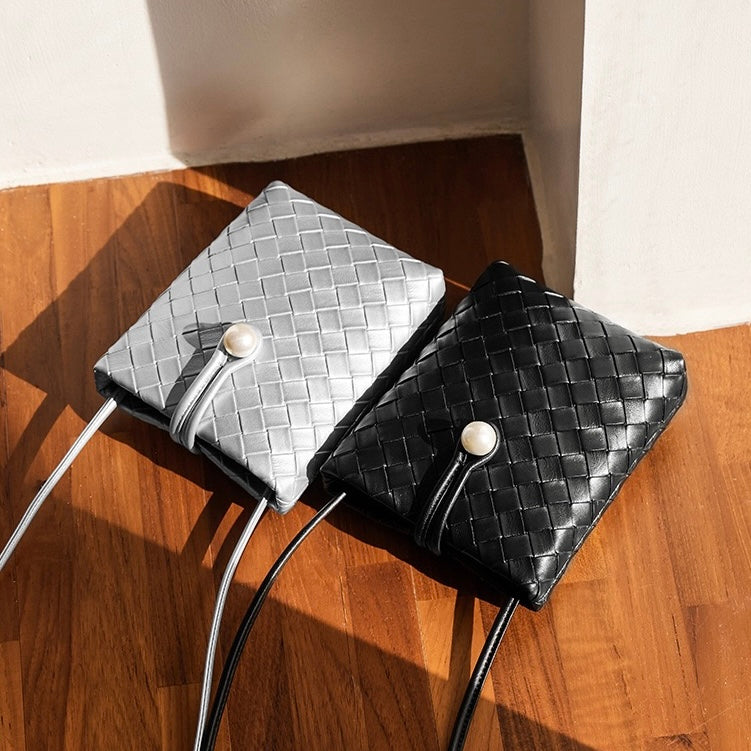 Pearl Button Genuine Leather Woven Crossbody Phone Bag