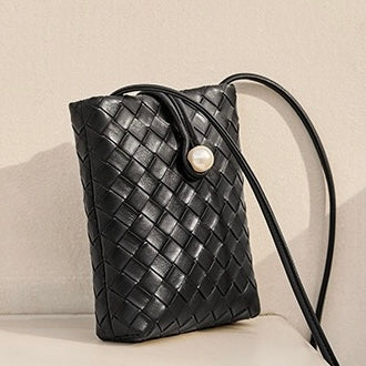 Pearl Button Genuine Leather Woven Crossbody Phone Bag