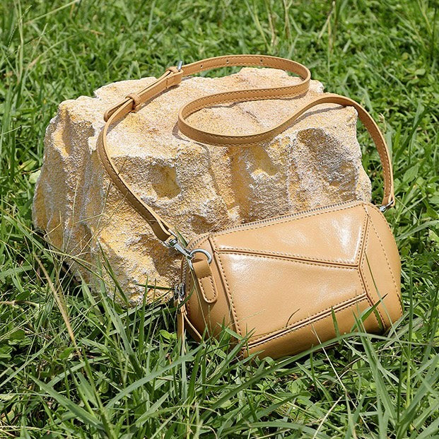 Vintage Genuine Leather Geometric Patchwork Crossbody Bag