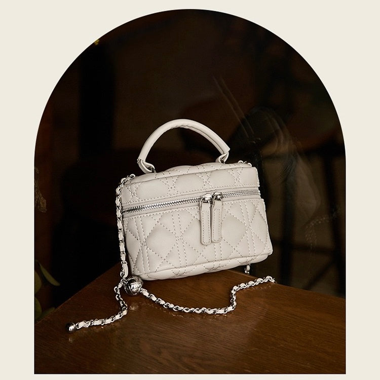 Elegant Genuine Leather Mini Bucket Bag with Gold Chain Strap