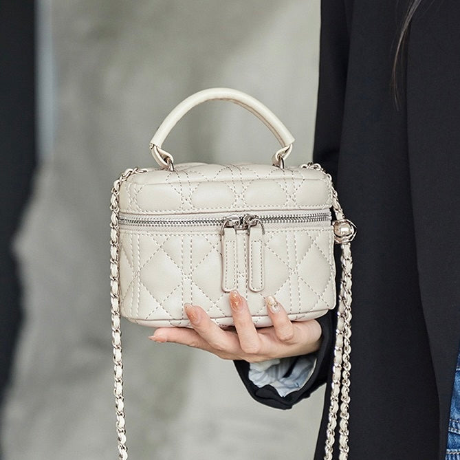 Elegant Genuine Leather Mini Bucket Bag with Gold Chain Strap